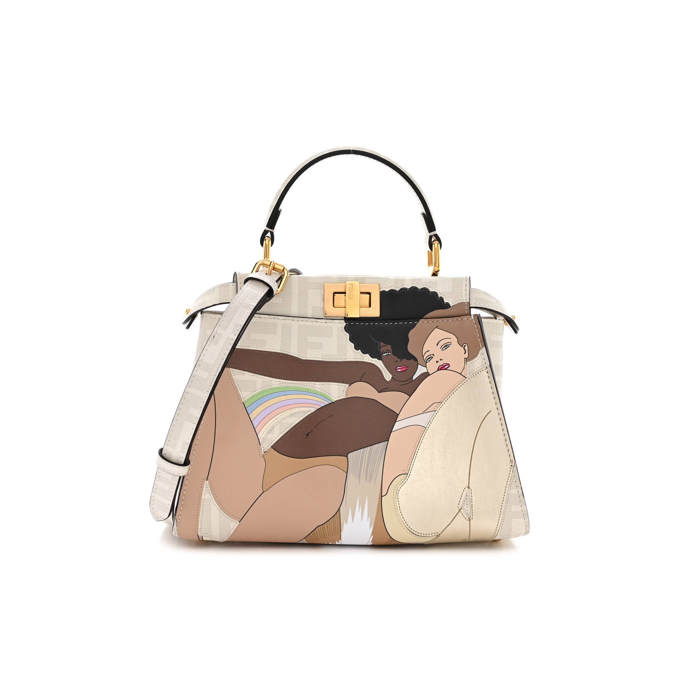 FENDI GLAZED FABRIC VITELLO FF BIKINI GIRLS INLAY MINI PEEKABOO ICONIC SATCHEL BIANCO PERLA MULTICOLOR (24*18*13cm) FENDI GLAZED FABRIC VITELLO FF BIKINI GIRLS INLAY MINI PEEKABOO ICONIC SATCHEL BIANCO PERLA MULTICOLOR (24*18*13cm)