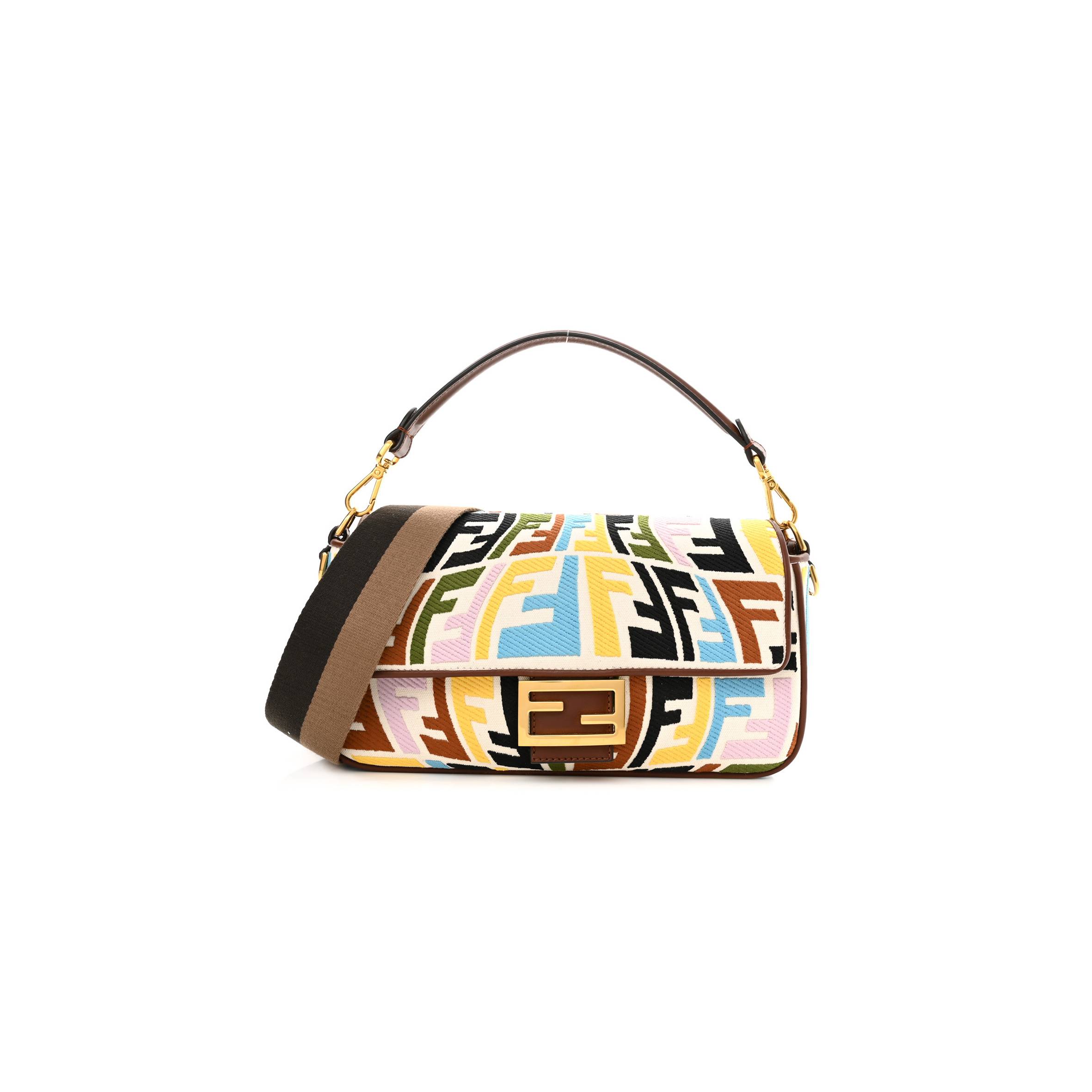 FENDI X SARA COLEMAN CANVAS VITELLO KING SETA FF FISH EYE EMBROIDERED BAGUETTE GREZZO MULTICOLOR GHIANDA (28*16*6cm)